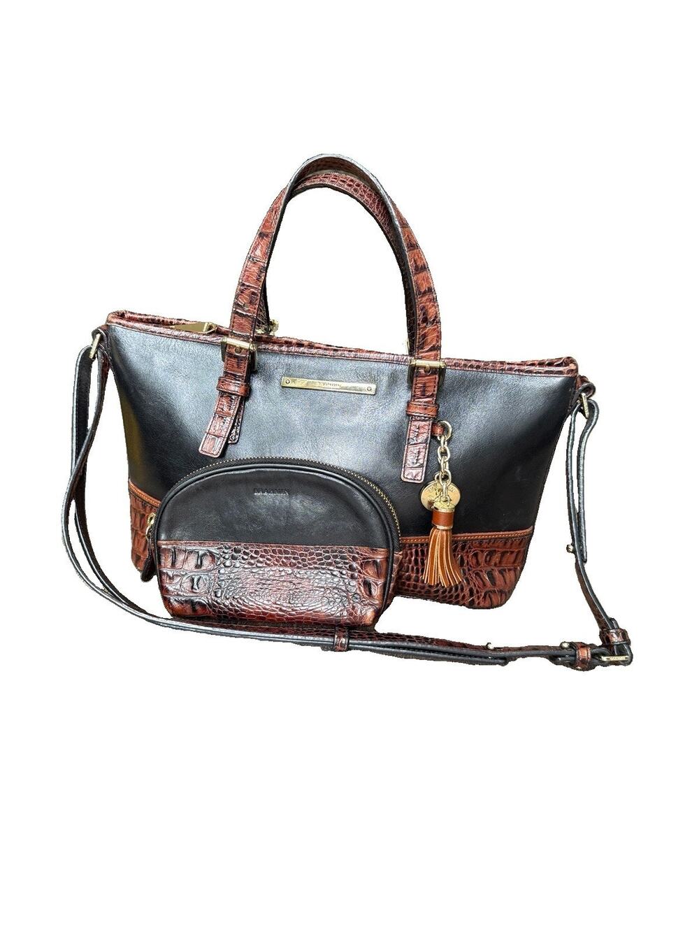 Brahmin Black Brown Croc Embossed Leather Tote Bag Cosmetic Pouch Logo Charm EUC